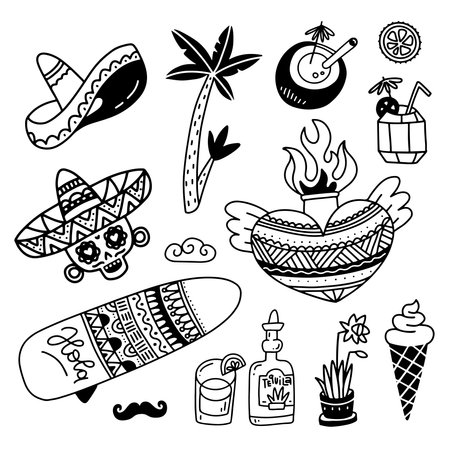 Mexican culture icons set in drawn linear doodle style. Silhouette symbols for Cinco de mayo festival. Collection of black vector elements - hat, skull, sacred heart, drink. Free hand illustration.のイラスト素材