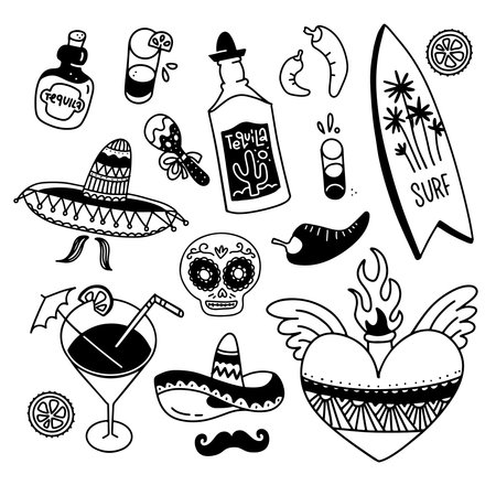 Doodle set of mexican national things. Black and white linear sketch style. Traditional elements of Mexico collection. Hand drawn vector illustration.のイラスト素材