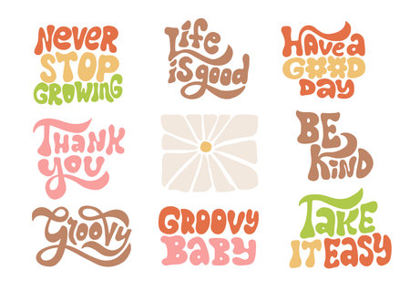Colorful retro set of inspirational lettreing quotes in groovy style 60s, 70s. Modern vector design for posters, t-shirt, cards and stickers. Flat hand drawn illustration.のイラスト素材