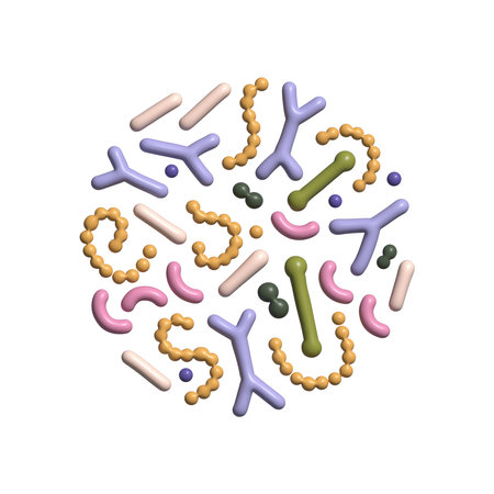 3d render Probiotic bacteria set in circle composition. Gut microbiota with healthy prebiotic...