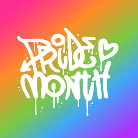 Pride Month - sprayed lettering Typography Banner with urban graffiti text and LGBT Rainbow Pride Flag Colours on background. Square Banner Illustration in street ast grunge styleのイラスト素材