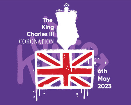 Wall art street graffiti style concept for Charles III Kings Coronation at 6th May 2023. King side profile with crown, flag, splash effect and drops. Vector hand drawn illustrationのイラスト素材
