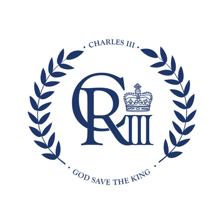 Vector monogram of King Charles III with roud wreath and text - God cave the king. Vector illustration.のeditorial素材