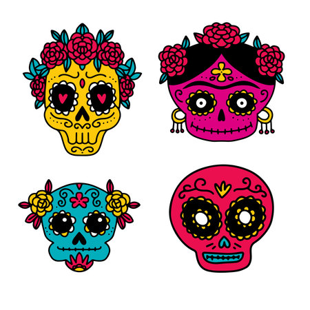 Mexican Dia de los Muertos - Day of the Dead - sugar skulls set. Cute heads with flowers. Simple vector illustration in doodle hand drawn style.のイラスト素材