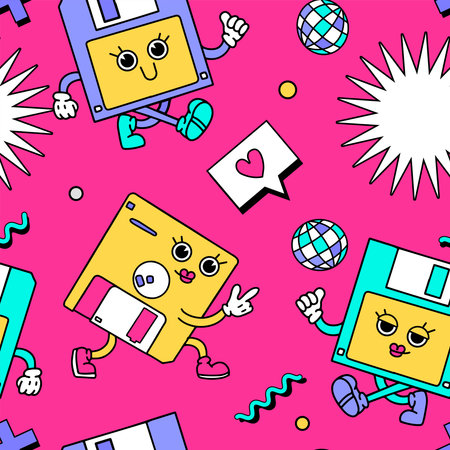 90s style seamless pattern with retro cartoon floppy disk characters and vintage disco objects. Hand drawn doodles. 80s - 00s trendy style vector illustration.のイラスト素材