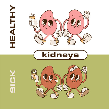 Sad suffering sick vs healthy smiling kidneys retro cartoon characters. Linear flat cartoon illustration. Unhealthy cry and happy kidneys mascot 90s style conceptのイラスト素材
