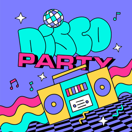 90s style Disco party banner template. Retro music poster with vintage tape cassette player and mirror ball funky colorful design. Memphis music parties, 80s ad audio poster vector illustration.のイラスト素材