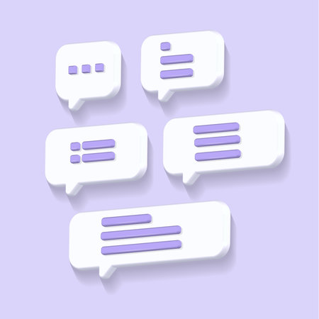 White 3d bubble talks set isolated on Purple background. Matte plastic speech bubbles, dialogue, messenger shapes. 3D render vector icons for social media or websiteのイラスト素材