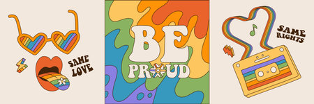 Set of groovy retro social media post for LGBTQ Pride Month. 80s 90s Y2K aesthetic square banners. Queer greeting cards with vintage cassette, rainbow hippie sunglasses. Vector.のイラスト素材