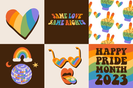 Set of 6 Pride month square cards with rainbow backgrounds, LGBTQ symbols, pattern, quote. Collection of queer social media post with groovy elements. LGBT banner in retro 60s 70s style. Flat Vectorのイラスト素材