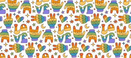 Hippie hand peace and rock gestures and with rainbow heart with word love in colors of lgbt flag. Seamless pattern, background or print, 70s retro vector in contour flat styleのイラスト素材