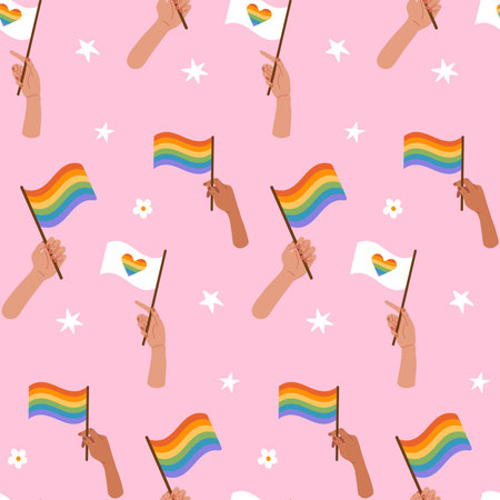 LGBT seamless pattern. Various hans holding rainbow striped flag isolated on pink background. Hand drawn surface design. Flat vector illustration.のイラスト素材