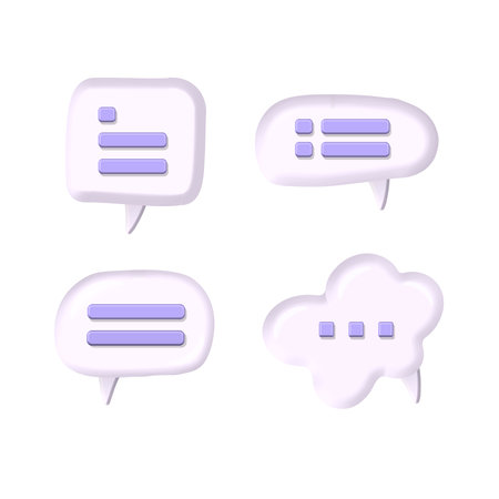 White 3d bubble talks with lines of text set isolated on purple background. Plastic speech bubbles, dialogue, messenger shapes. 3D render vector icons for social media or websiteのイラスト素材