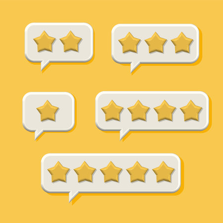 3D render Set of yellow stars on White Speech Bubbles. From one to five. Online feedback, survey or...