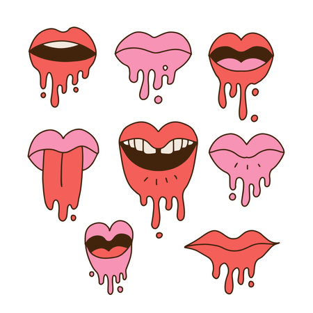 Set of retro groovy surreal mouths. Crazy hippy glossy red lips. Funky psychedelic cartoon female lip. Vintage 70s nostalgic hippie melted sticker print. Trendy y2k melting pop art collection. Vectorのイラスト素材