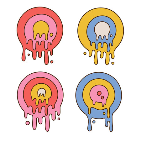 70s stickers set with a melting rainbow ellipse. Groovy graphic element in bright rainbow acid colors. Nostalgia for the 1970s. Simple contour vector illustration isolated on a whiteのイラスト素材