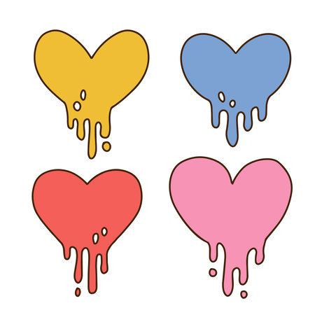 Set of dripping hearts. Groovy melting heart shaped elements collection. Contour hand drawn Vector illustrationのイラスト素材