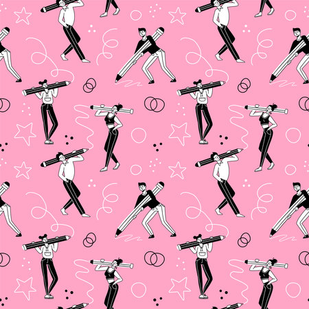Seamless pattern with Many young people with a large pencils. Doodle style person holding pencil. Linear Hand drawn Vector illustration on pink background. Drawing, writing, creating, design concept.のイラスト素材