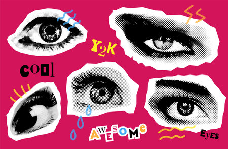 Trendy groovy y2k collage elements. Diferent Eyes collection. Retro magazine clippings. Mouth on magenta background with doodle lines decor. Vector illustration.のイラスト素材