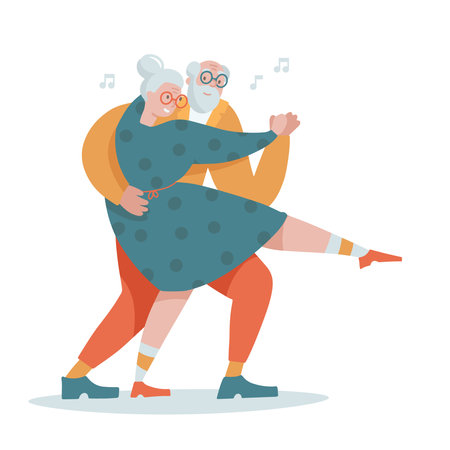 Old senior couple people dancing tango together. Flat Cartoon elder man and woman dancing retro dance. Leisure of grandma and grandpa on pension concept. Vector hand drawn illustration.のイラスト素材