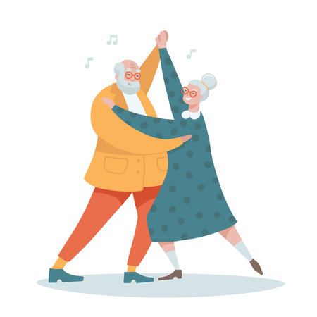 Traditional elderly couple dancing to music together. Smiling senior man and woman dance, active old grandfather and grandmother dancers on date. Cartoon flat Vector hand drawn illustration.のイラスト素材