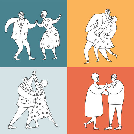 Elderly dancers set. Retro black and white old people have fun. Active pensioners concept. Vintage black linear silhouettes of dancers. Silhouette of a couple dancing. Doodle vector illustrationのイラスト素材
