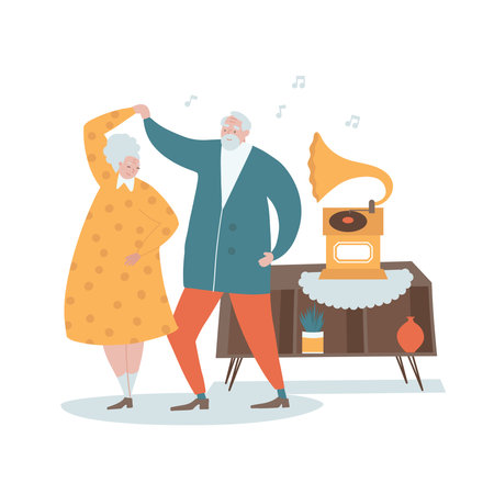 Elderly couple dancing to music from the gramophone at home. Flat hand drawn vector concept for banner, website, illustration, landing page, flyer, etc.のイラスト素材