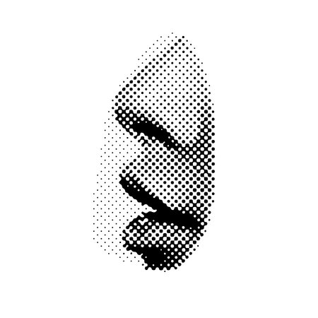 Face silhouette in profile in halftone. Dotted illustration isolated on a white background for thendy collage. Vector illustration.のイラスト素材