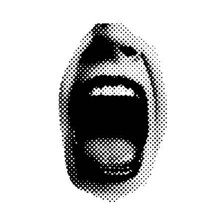 Wide open Halftone Female Mouth. Front view. Vector Isolated dotted isolated illustration.のイラスト素材