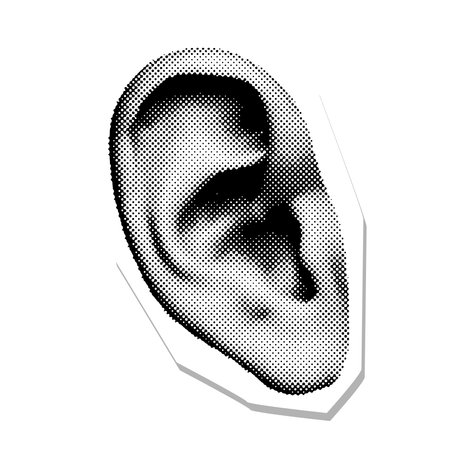 Close Up Human Ear sticker. Halftone Part Of Body. 90s vector illustration.のイラスト素材