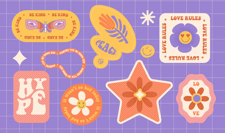 Groovy set of Cute floral Stickers. Trendy Patches Collection with flowers and smile faces. Funky hipster retrowave badges in geometric shapes. Flat Vector illustration of y2k , 90s illustration.のイラスト素材