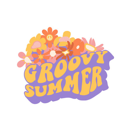 Distorted Groovy Summer tee print , holiday mode design with large psychedelic melting letters and psychedelic flowers. Vintage 70th style vector concept for t-shirt or posterのイラスト素材