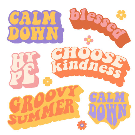 70s Colorful retro set of Hippie slogans, distorted vintage text and groovy floral elements. Motivational, inspirational vintage quote, lettering design for posters, t-shirt. Vector collection.のイラスト素材