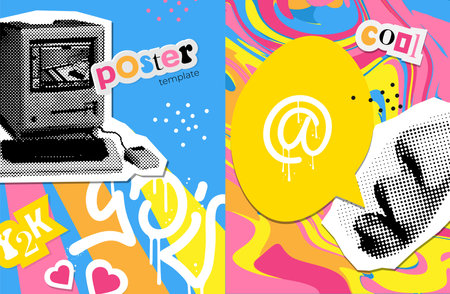 Set of posters with grunge collage elements. Retro banner template with old PC. Stylish 90s advertising design. Vector illustration.のイラスト素材