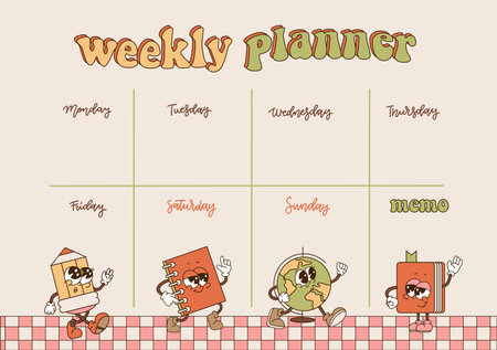 Weekly planner template . Groovy schedule in Retro 70s style, note paper decorated with retro cartoon stationery characters, Vintage organizer. Vector flat contour illustration.のイラスト素材