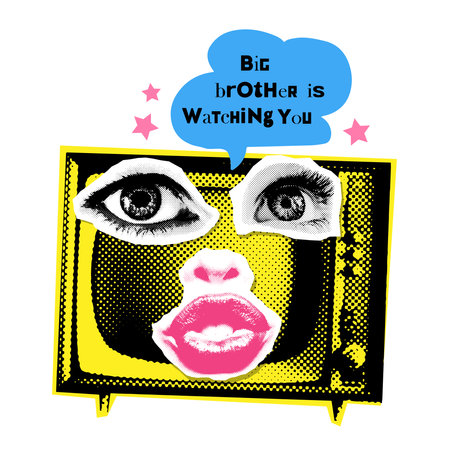 Big brother is watching you - Watch TV Propaganda Poster halftone collage style with scraps of paper with the image of a TV, eyes and lips. 90s-00s retro vector illustration.のイラスト素材