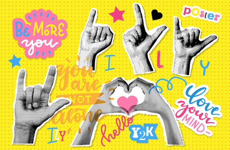 Halftone poster with lovely hands set. Love collage elements. Heart Gesture sign with gesture language letters I L Y. Modern art collage with human palms. Trendy vector sticker pack in Y2K styleのイラスト素材
