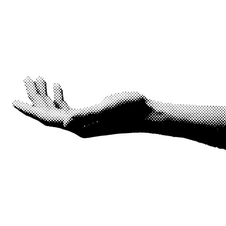 Halftone Vector image of human hand side view isolated on background with geometric shapes and elements. Outstretched armのイラスト素材