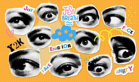 Trendy collage halftone set with emotional eyes. Retro paper stickers template for banner, poster, card. Contemporary dotted vector illustration.のイラスト素材