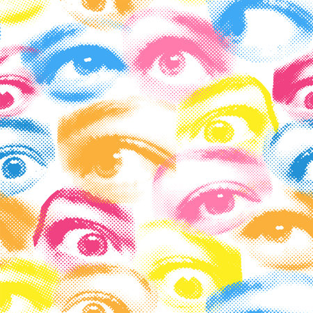 Halftone female eyes seamless pattern. Beautiful female eyes with dotted texture. Suitable for decoration textiles and paper. Fashion Y2k print. Vector illustration.のイラスト素材