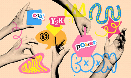 Collection of halftone hands holding something. Vector dotted illustration with gestures of hands...