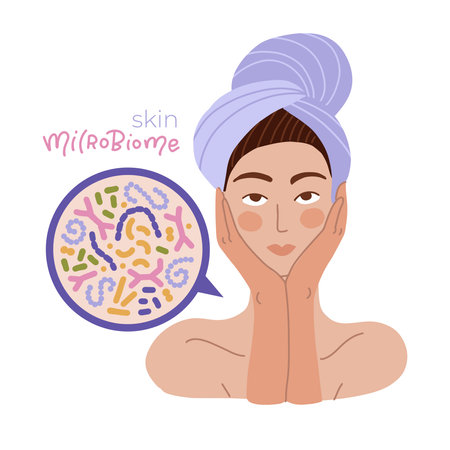 Normal skin microflora concept. Good Bacteria Microbiome for healhy face. Vector flat cartoonのイラスト素材