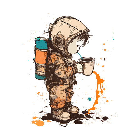 Thirsty little boy Space-Traveler Drinking beverage through a straw. Vector color sketch Illustrationのイラスト素材