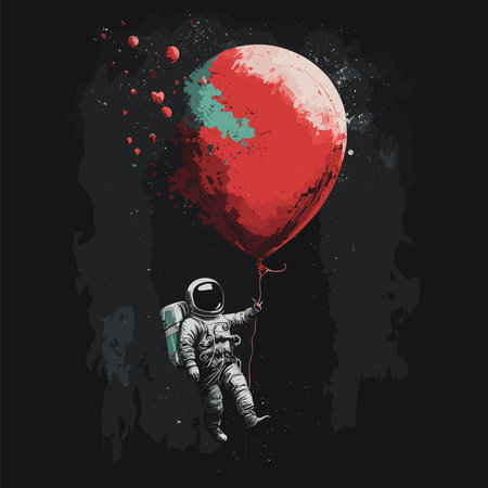 Astronaut flies with a big red ballon. Banksy style Print design. Childish digital vector illustration.のイラスト素材