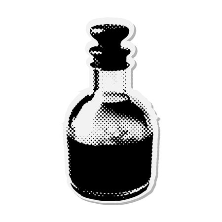 Potion in a glass flask- Halloween halftone mixed media collage paper sticker. Dotted Vintage illustration in 90s zine Paper piece style.のイラスト素材