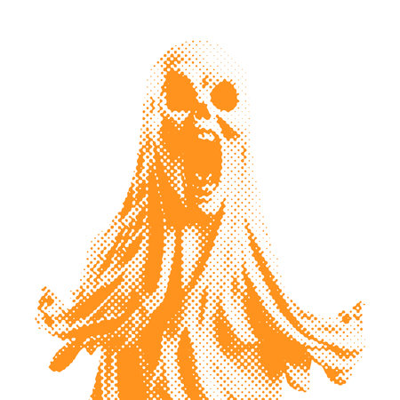 White sheet ghost - Halloween halftone dotted realistic clipart. Offset texture Vintage illustration in 90s grunge styleのイラスト素材