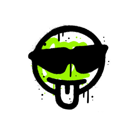 Smiling face with tongue out emoticon character with cool 90s sunglasses. Spray painted graffiti smile face in black over white. isolated on white background. Grunge textured vector illustrationのイラスト素材