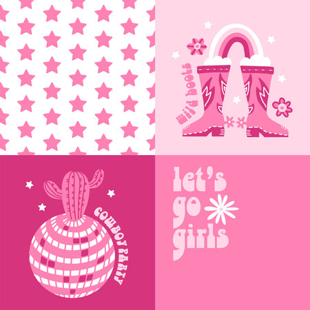 Groovy Girly square carts set with Cowgirl Boots, disco ball and Retro Lettering Text for rodeo party on a pink background. 60s flat Vector hand drawn Illustrationのイラスト素材