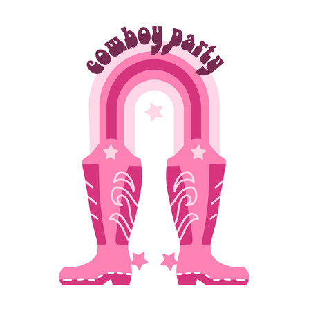 Retro Pink Cowgirl boots with rainbow. Cowbow party quotes. Pinky Cowboy western and wild west theme. Hand drawn falt vector design for postcard, invitation, stickerのイラスト素材