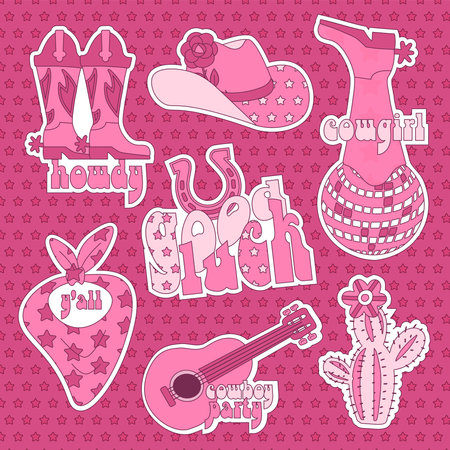 Set of pink stickers pink cowgirl wild west theme. Pink wild west illustrations, cowboy hat, good luck horseshoe and boot with lettering quotes. Vector hand drawn design.のイラスト素材